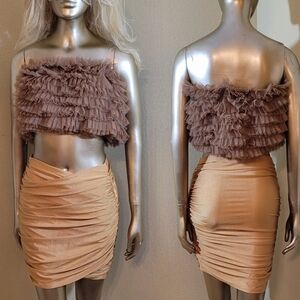 NWT Chocolate Layered Ruffle Trim Mesh Crop Tube Top Sz M